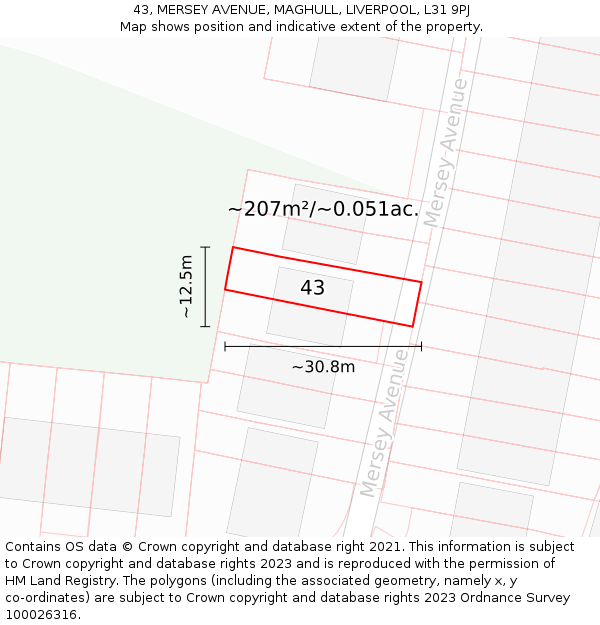 43, MERSEY AVENUE, MAGHULL, LIVERPOOL, L31 9PJ: Plot and title map