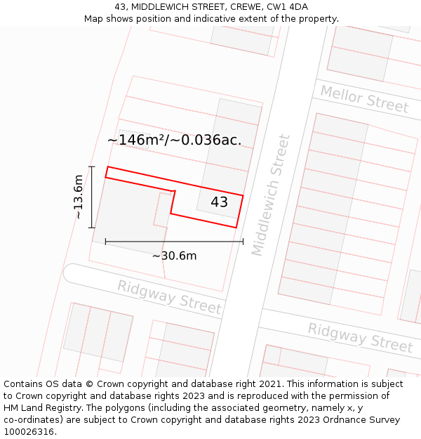 43, MIDDLEWICH STREET, CREWE, CW1 4DA: Plot and title map