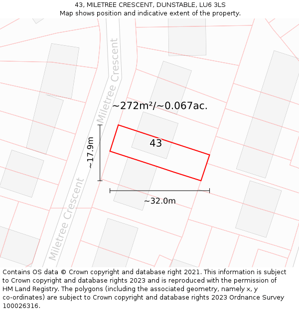 43, MILETREE CRESCENT, DUNSTABLE, LU6 3LS: Plot and title map