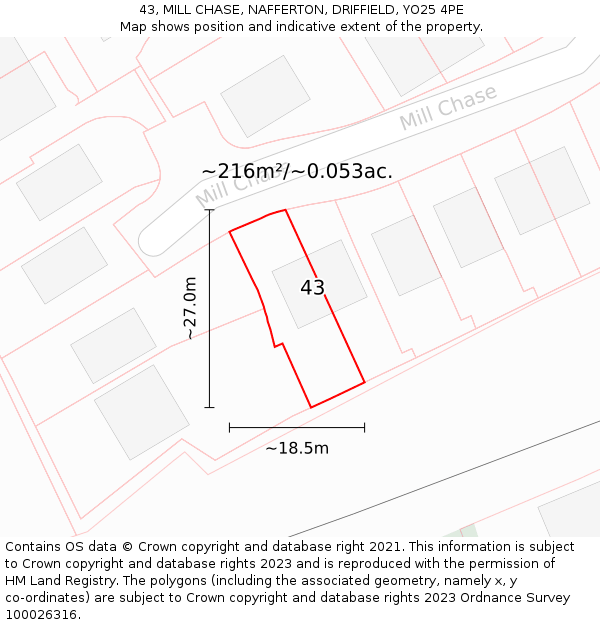 43, MILL CHASE, NAFFERTON, DRIFFIELD, YO25 4PE: Plot and title map