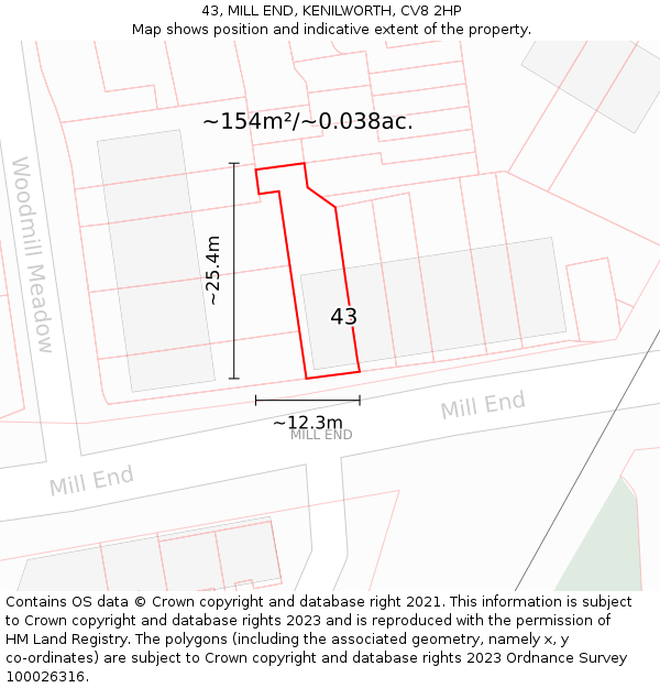 43, MILL END, KENILWORTH, CV8 2HP: Plot and title map
