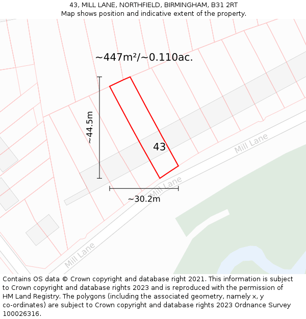 43, MILL LANE, NORTHFIELD, BIRMINGHAM, B31 2RT: Plot and title map