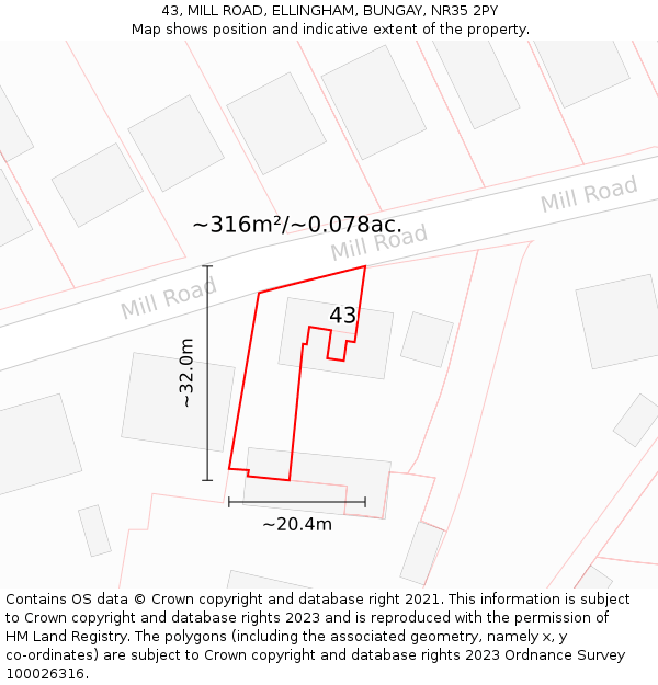 43, MILL ROAD, ELLINGHAM, BUNGAY, NR35 2PY: Plot and title map