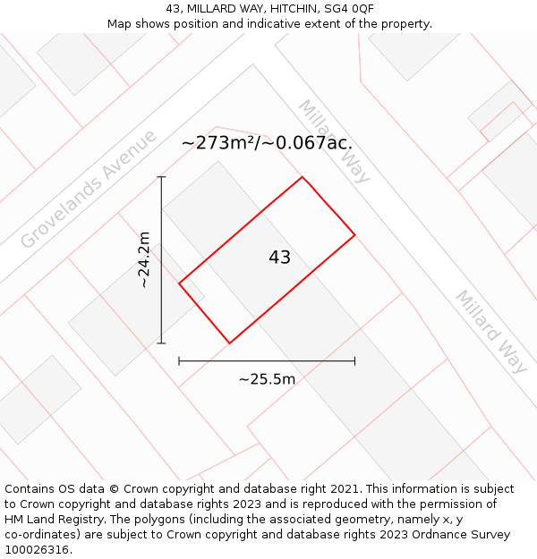 43, MILLARD WAY, HITCHIN, SG4 0QF: Plot and title map