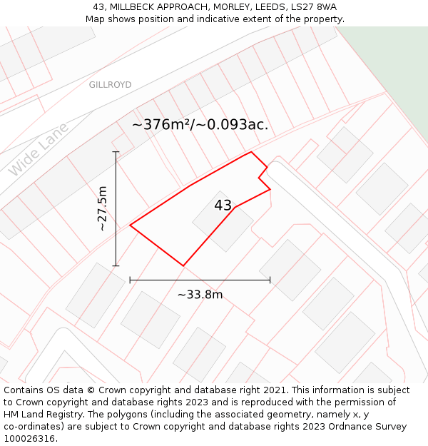 43, MILLBECK APPROACH, MORLEY, LEEDS, LS27 8WA: Plot and title map