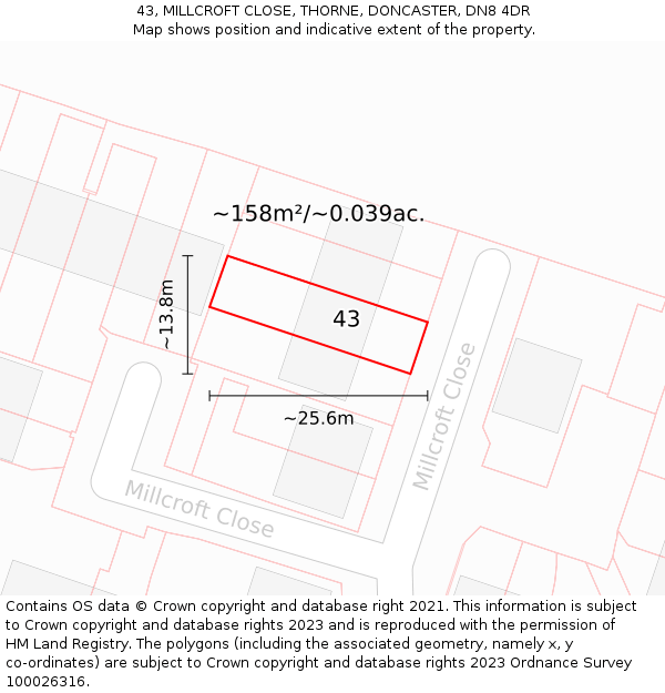 43, MILLCROFT CLOSE, THORNE, DONCASTER, DN8 4DR: Plot and title map