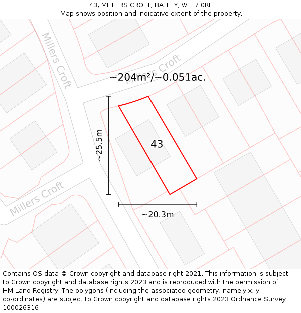 43, MILLERS CROFT, BATLEY, WF17 0RL: Plot and title map