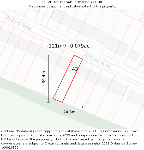 43, MILLFIELD ROAD, CHORLEY, PR7 1RF: Plot and title map