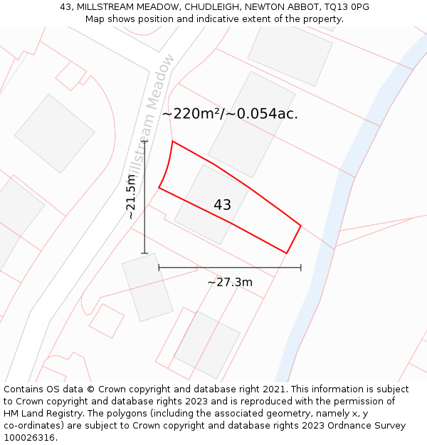 43, MILLSTREAM MEADOW, CHUDLEIGH, NEWTON ABBOT, TQ13 0PG: Plot and title map