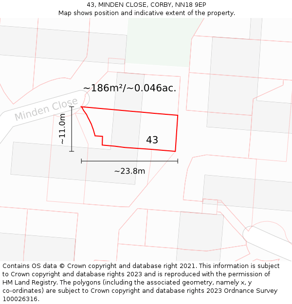 43, MINDEN CLOSE, CORBY, NN18 9EP: Plot and title map