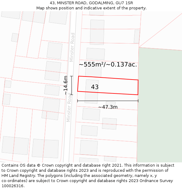 43, MINSTER ROAD, GODALMING, GU7 1SR: Plot and title map