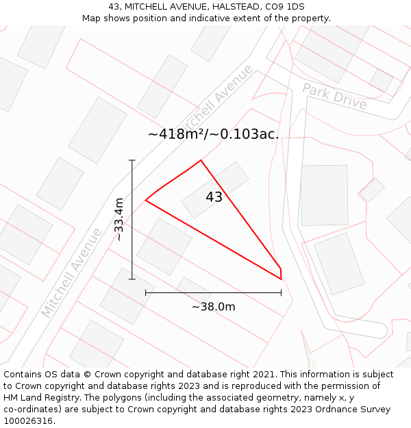 43, MITCHELL AVENUE, HALSTEAD, CO9 1DS: Plot and title map