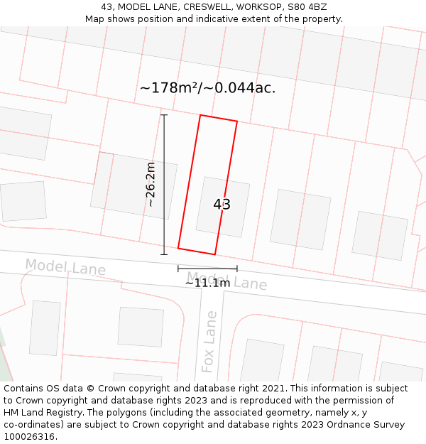 43, MODEL LANE, CRESWELL, WORKSOP, S80 4BZ: Plot and title map