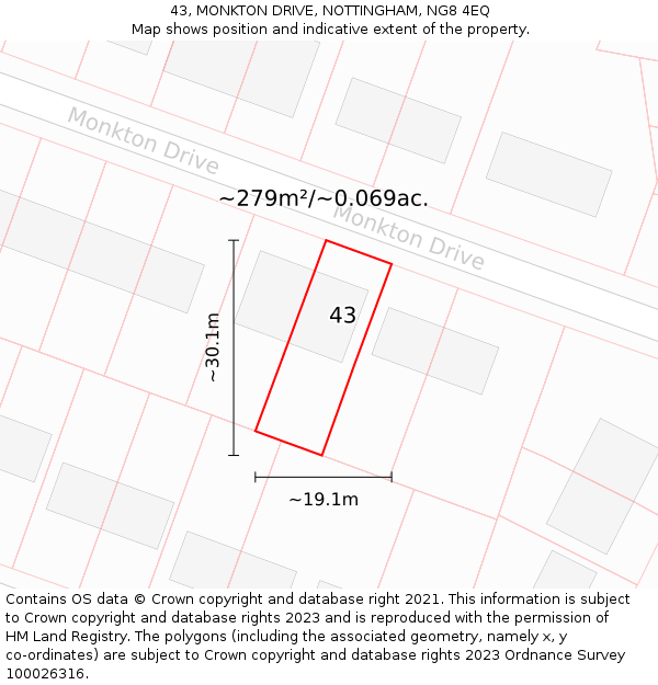 43, MONKTON DRIVE, NOTTINGHAM, NG8 4EQ: Plot and title map