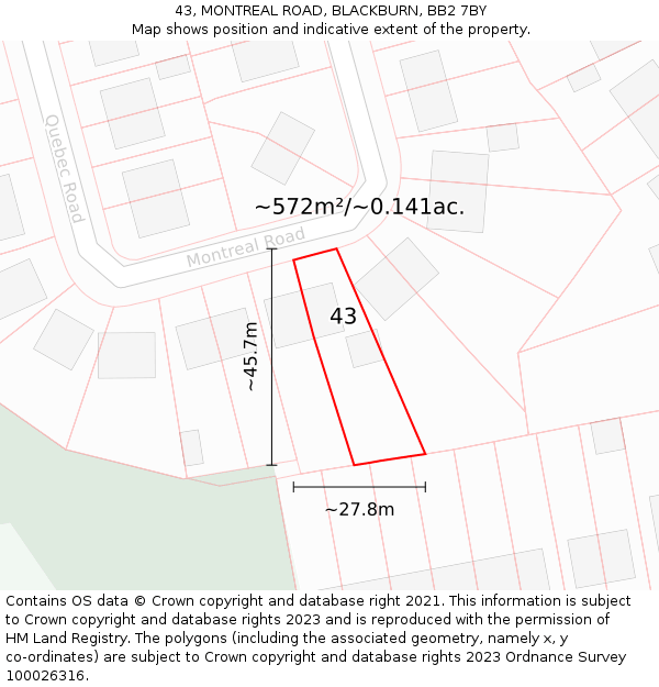 43, MONTREAL ROAD, BLACKBURN, BB2 7BY: Plot and title map