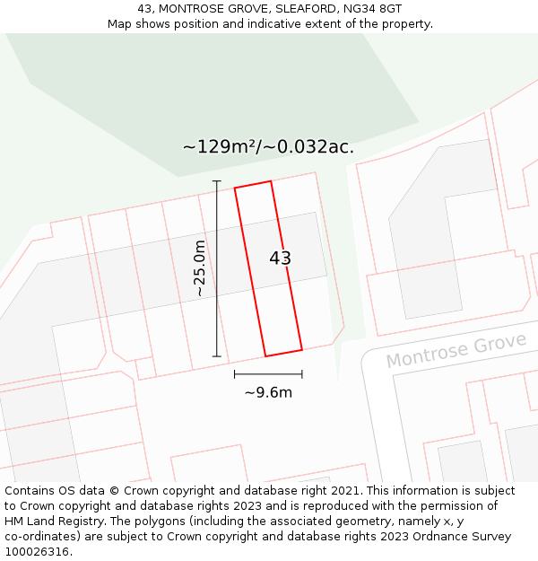 43, MONTROSE GROVE, SLEAFORD, NG34 8GT: Plot and title map