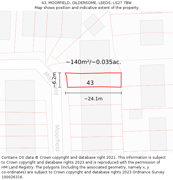 43, MOORFIELD, GILDERSOME, LEEDS, LS27 7BW: Plot and title map