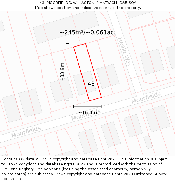 43, MOORFIELDS, WILLASTON, NANTWICH, CW5 6QY: Plot and title map