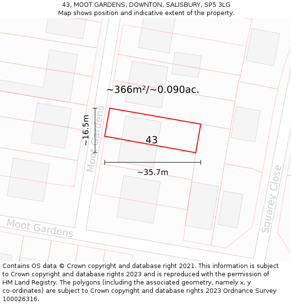 43, MOOT GARDENS, DOWNTON, SALISBURY, SP5 3LG: Plot and title map