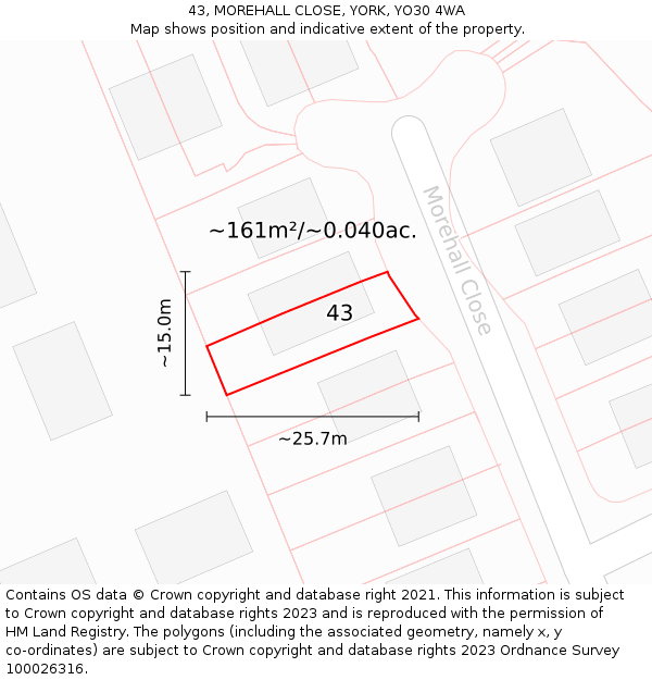 43, MOREHALL CLOSE, YORK, YO30 4WA: Plot and title map