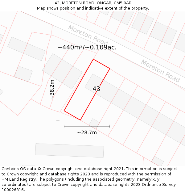 43, MORETON ROAD, ONGAR, CM5 0AP: Plot and title map
