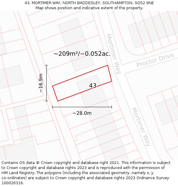 43, MORTIMER WAY, NORTH BADDESLEY, SOUTHAMPTON, SO52 9NE: Plot and title map