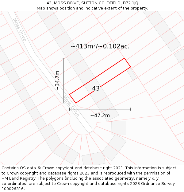 43, MOSS DRIVE, SUTTON COLDFIELD, B72 1JQ: Plot and title map