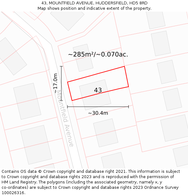 43, MOUNTFIELD AVENUE, HUDDERSFIELD, HD5 8RD: Plot and title map