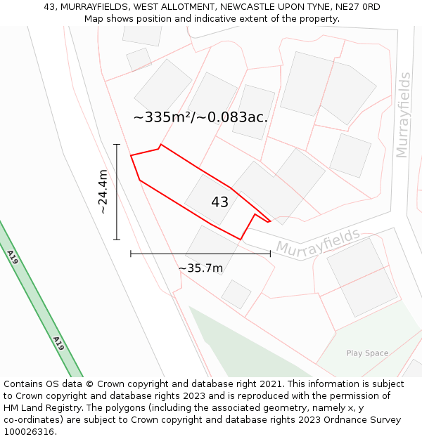 43, MURRAYFIELDS, WEST ALLOTMENT, NEWCASTLE UPON TYNE, NE27 0RD: Plot and title map