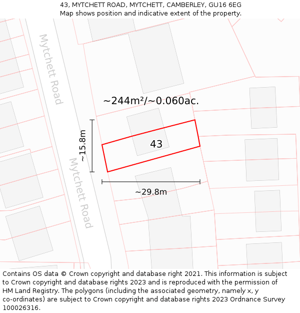 43, MYTCHETT ROAD, MYTCHETT, CAMBERLEY, GU16 6EG: Plot and title map
