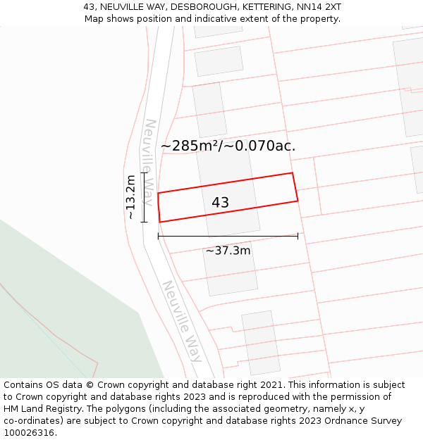 43, NEUVILLE WAY, DESBOROUGH, KETTERING, NN14 2XT: Plot and title map
