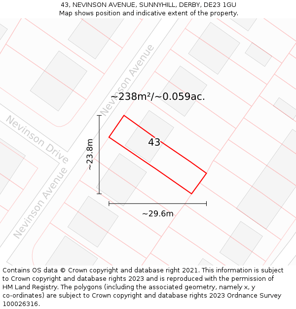 43, NEVINSON AVENUE, SUNNYHILL, DERBY, DE23 1GU: Plot and title map