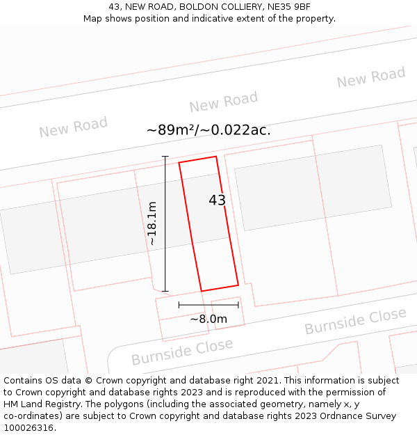43, NEW ROAD, BOLDON COLLIERY, NE35 9BF: Plot and title map