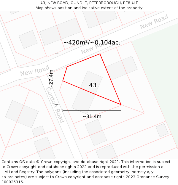 43, NEW ROAD, OUNDLE, PETERBOROUGH, PE8 4LE: Plot and title map