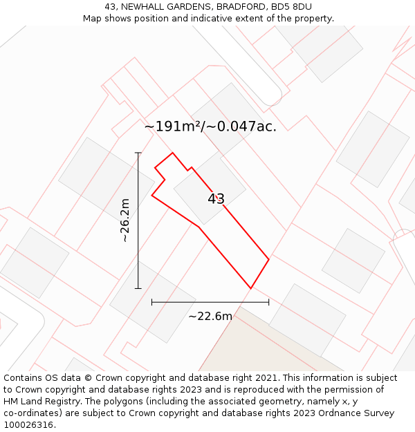 43, NEWHALL GARDENS, BRADFORD, BD5 8DU: Plot and title map