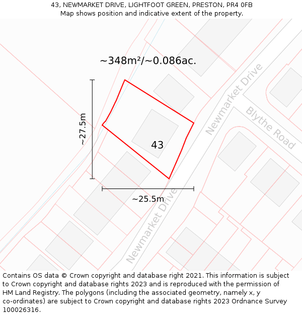 43, NEWMARKET DRIVE, LIGHTFOOT GREEN, PRESTON, PR4 0FB: Plot and title map