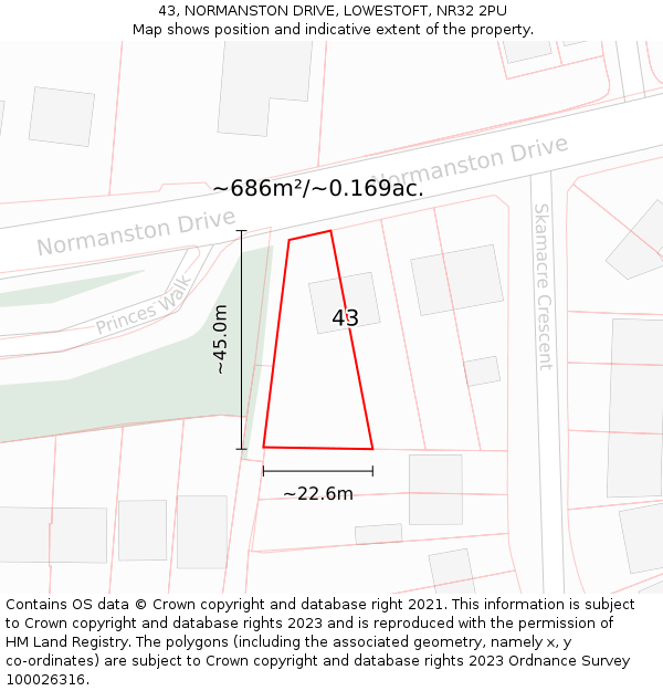 43, NORMANSTON DRIVE, LOWESTOFT, NR32 2PU: Plot and title map
