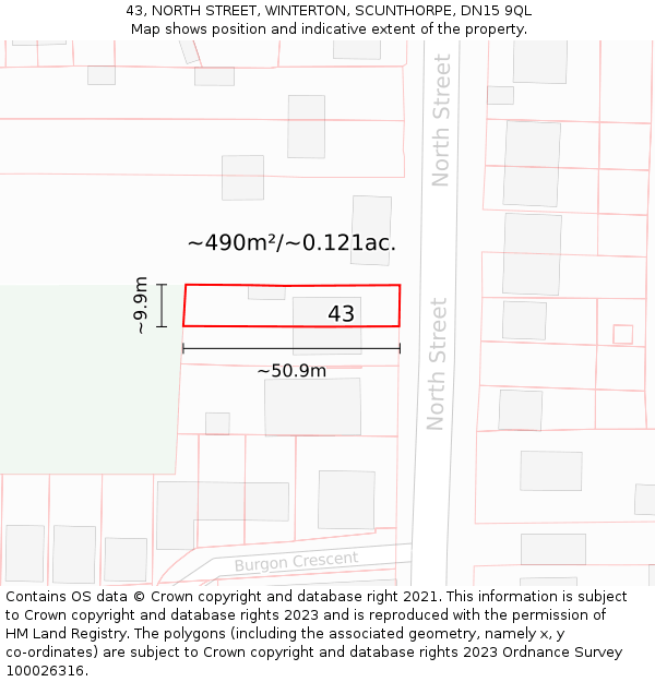 43, NORTH STREET, WINTERTON, SCUNTHORPE, DN15 9QL: Plot and title map