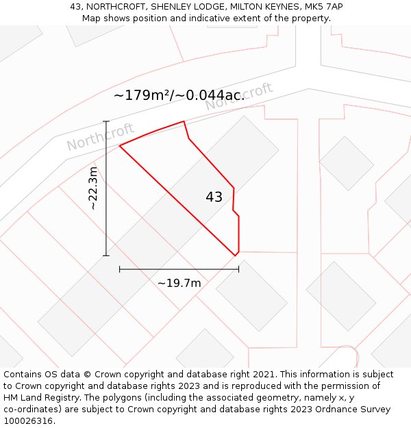43, NORTHCROFT, SHENLEY LODGE, MILTON KEYNES, MK5 7AP: Plot and title map