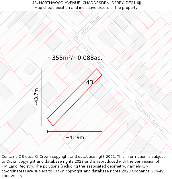 43, NORTHWOOD AVENUE, CHADDESDEN, DERBY, DE21 6JJ: Plot and title map