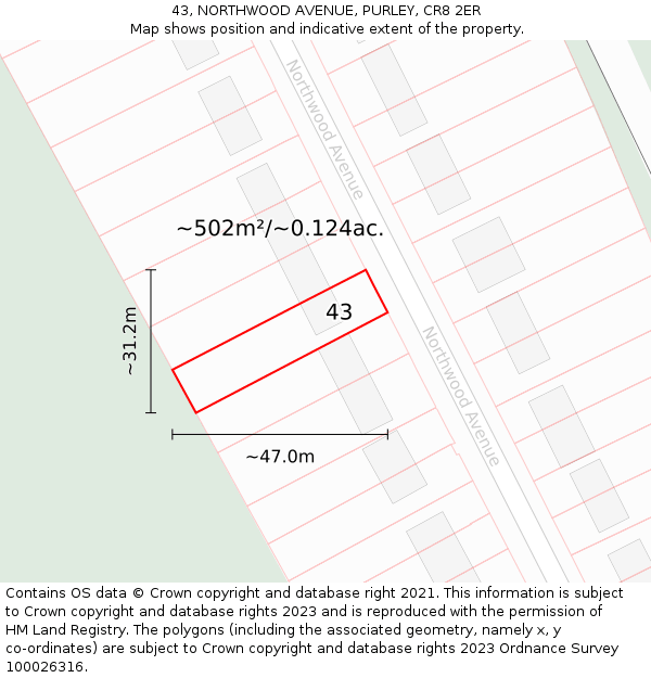 43, NORTHWOOD AVENUE, PURLEY, CR8 2ER: Plot and title map