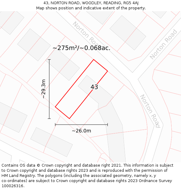43, NORTON ROAD, WOODLEY, READING, RG5 4AJ: Plot and title map