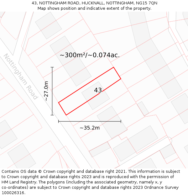 43, NOTTINGHAM ROAD, HUCKNALL, NOTTINGHAM, NG15 7QN: Plot and title map