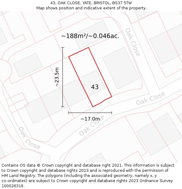 43, OAK CLOSE, YATE, BRISTOL, BS37 5TW: Plot and title map