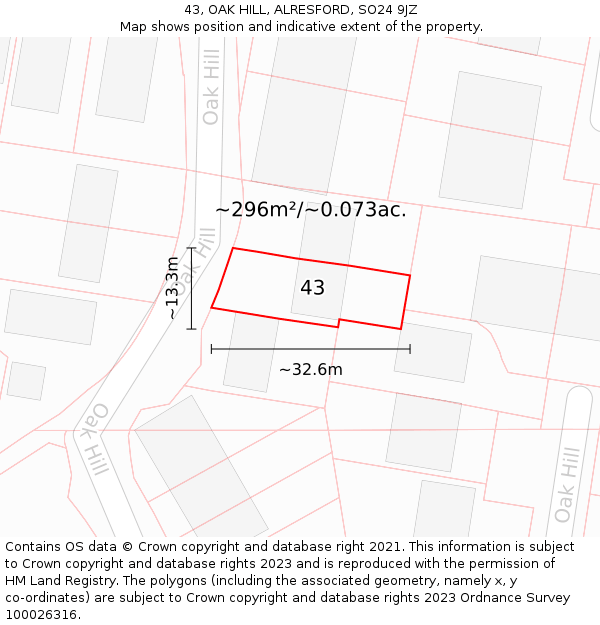 43, OAK HILL, ALRESFORD, SO24 9JZ: Plot and title map