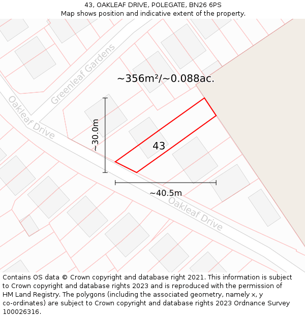 43, OAKLEAF DRIVE, POLEGATE, BN26 6PS: Plot and title map