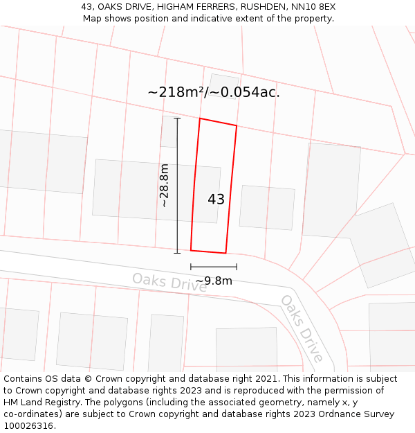 43, OAKS DRIVE, HIGHAM FERRERS, RUSHDEN, NN10 8EX: Plot and title map