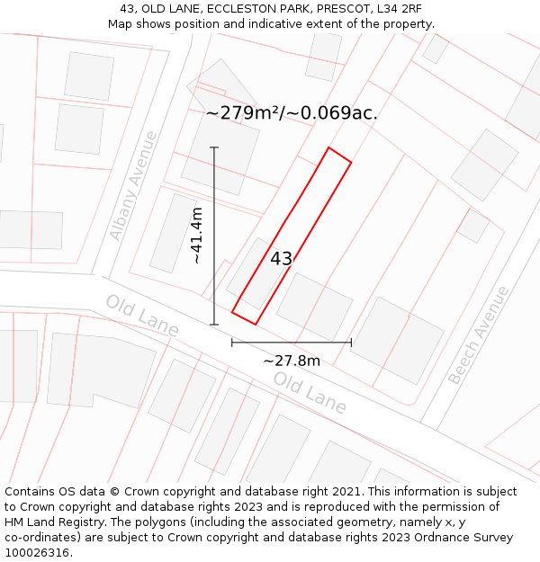 43, OLD LANE, ECCLESTON PARK, PRESCOT, L34 2RF: Plot and title map
