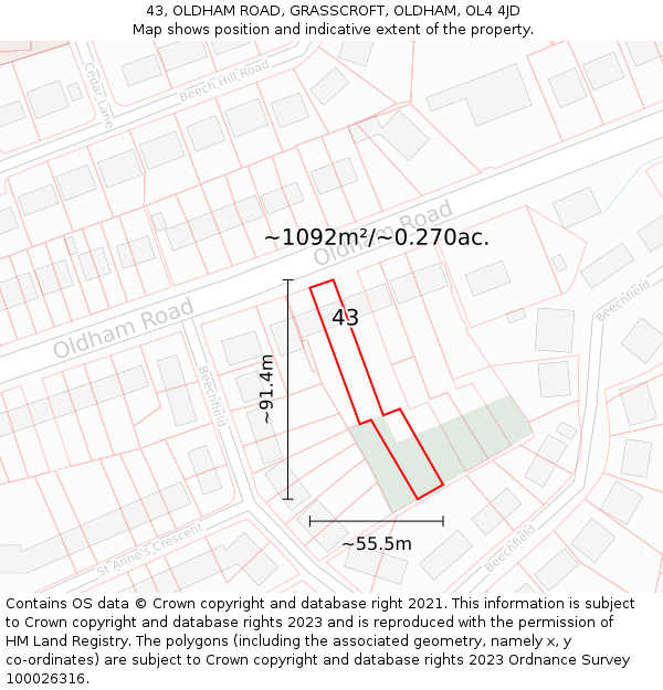 43, OLDHAM ROAD, GRASSCROFT, OLDHAM, OL4 4JD: Plot and title map