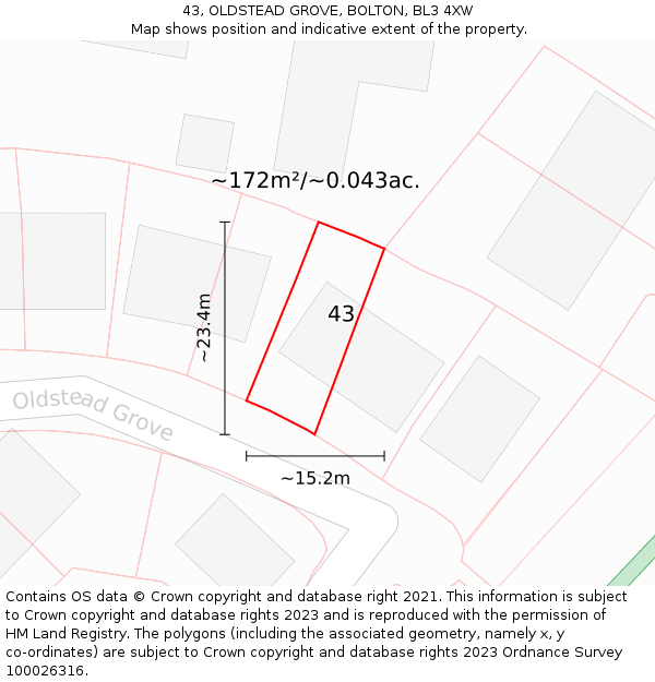 43, OLDSTEAD GROVE, BOLTON, BL3 4XW: Plot and title map
